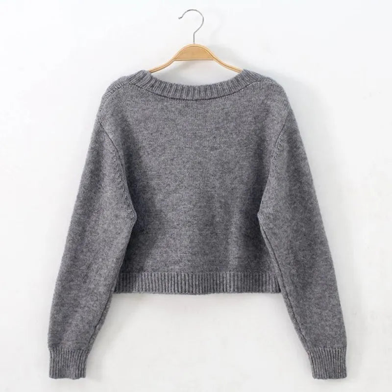 Autumn Winter Short Cardigan Breasted High Waist  Knitted Tops