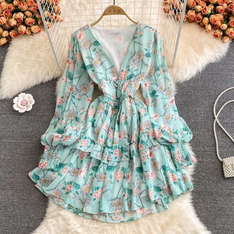 Floral Chiffon V-Neck Lantern Long Sleeve High Waist Ruffle Dress