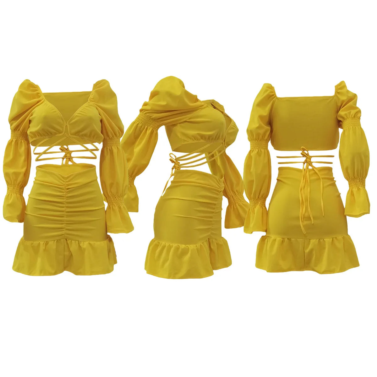Lantern Sleeve Crop Tops and Ruffles Mermaid Mini Skirts Matching Set