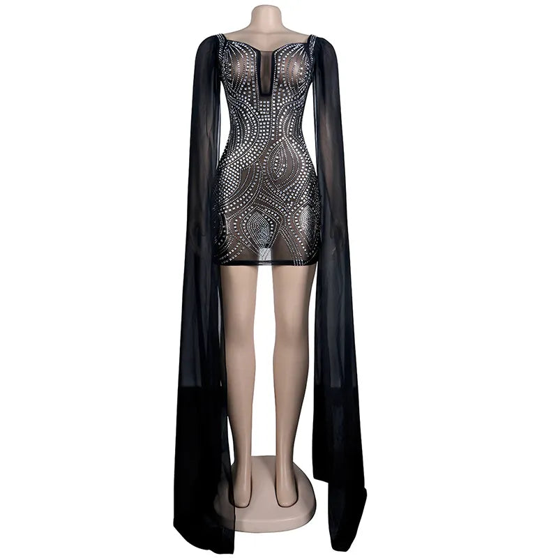 Flare Cape Sleeve Mesh Crystal Sparkle See Through Sequin Bodycon Dress