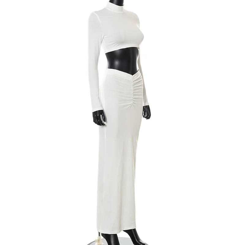 Elegant Long Sleeve Ruched Top and Skirts Two Piece Sets