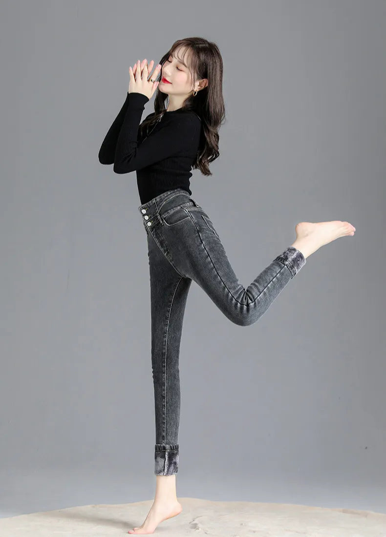 Thermal Winter Thick Fleece High-waist Warm Skinny Jeans  Stretchy Button Pencil Pants