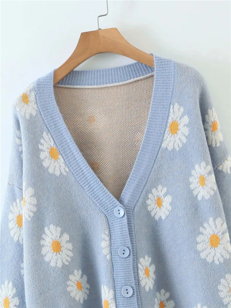 Fashion Print Soft Full Sleeve Floral Single Little Daisy V-Neck Pull Oversize Cardigan