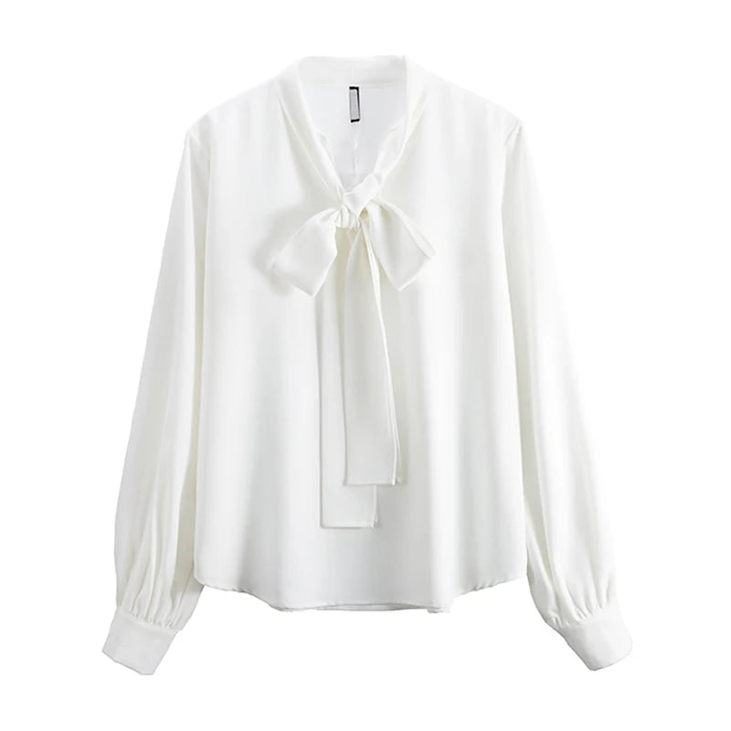 Lace Up Vintage Long Sleeve Solid Chiffon Casual Bow Blouse