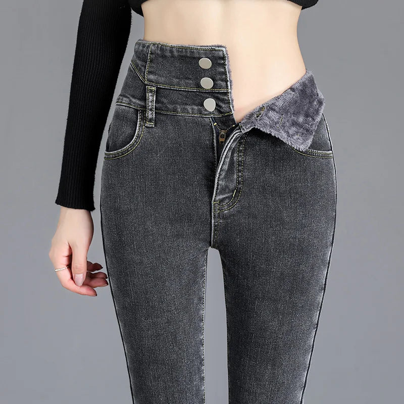 Thermal Winter Thick Fleece High-waist Warm Skinny Jeans  Stretchy Button Pencil Pants