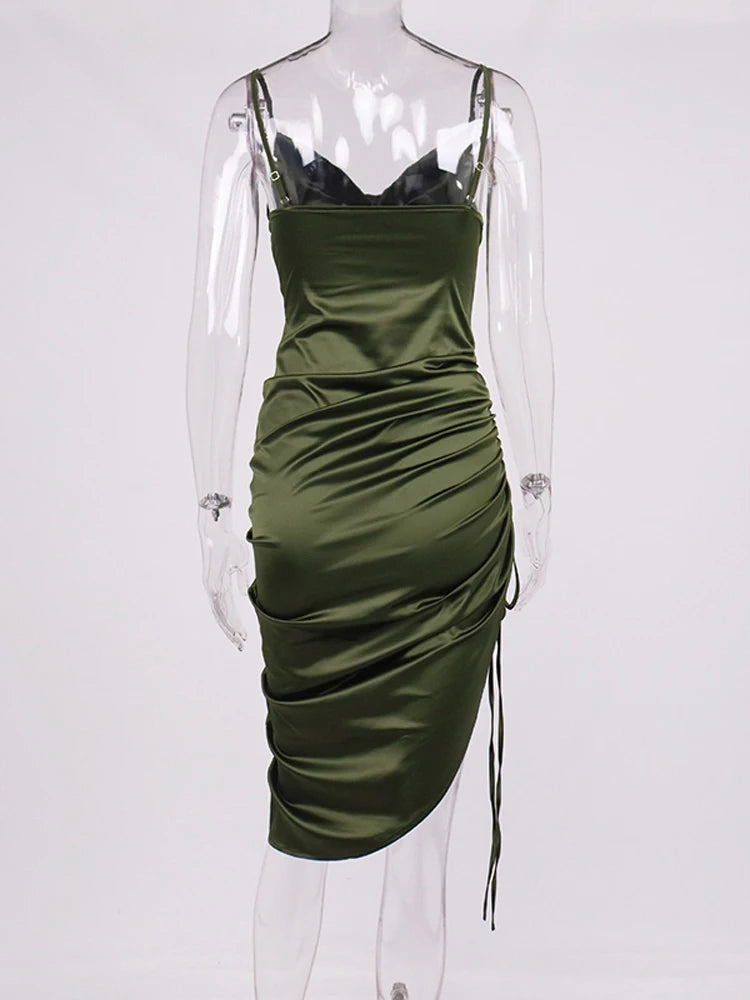 Ruched Satin Drawstring Spaghetti Straps Cowl Neck Backless Long Dress