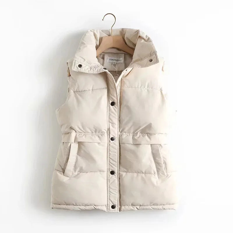 Autumn Winter Solid Loose Vest Drawstring Stand Collar Long Vest Jacket