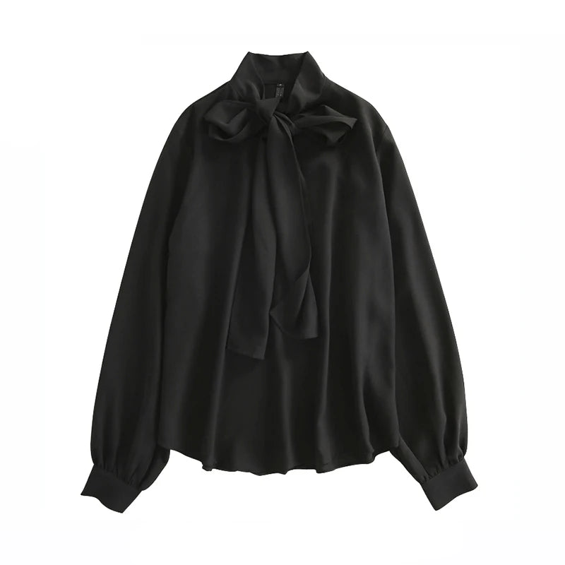 Lace Up Vintage Long Sleeve Solid Chiffon Casual Bow Blouse