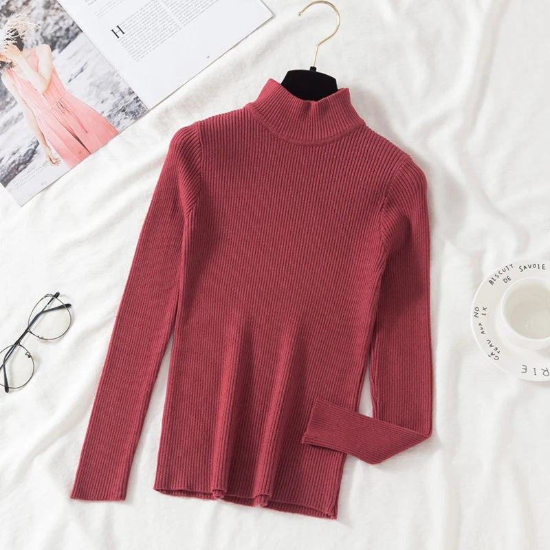 Autumn Women Pullover Sweater Half Turtleneck Knitted Female Jumper Long Sleeve Winter Black Soft Elastic Blouse