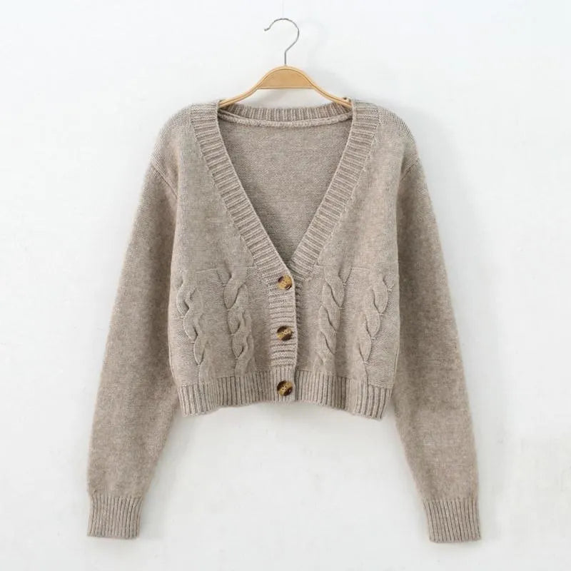 Autumn Winter Short Cardigan Breasted High Waist  Knitted Tops