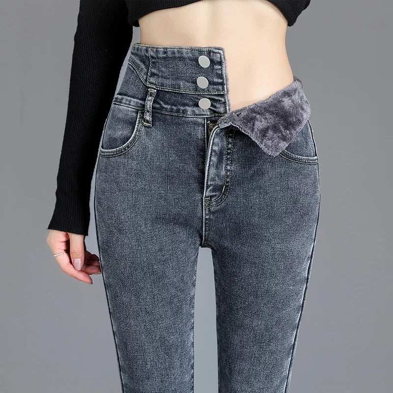 Thermal Winter Thick Fleece High-waist Warm Skinny Jeans  Stretchy Button Pencil Pants