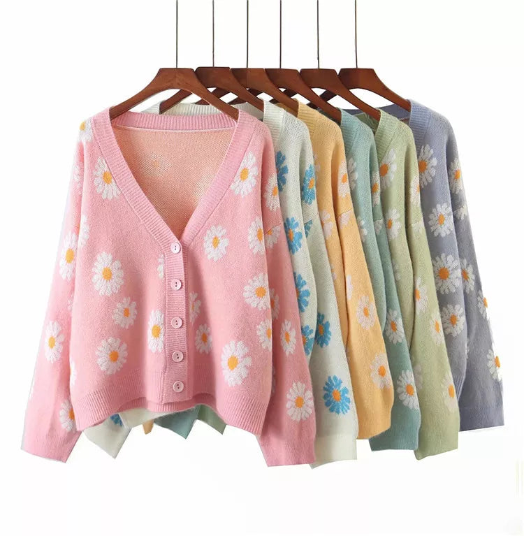 Fashion Print Soft Full Sleeve Floral Single Little Daisy V-Neck Pull Oversize Cardigan