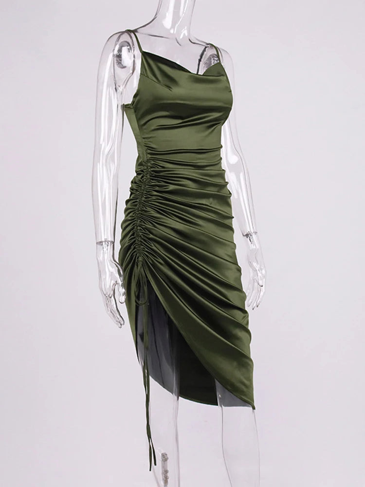 Ruched Satin Drawstring Spaghetti Straps Cowl Neck Backless Long Dress