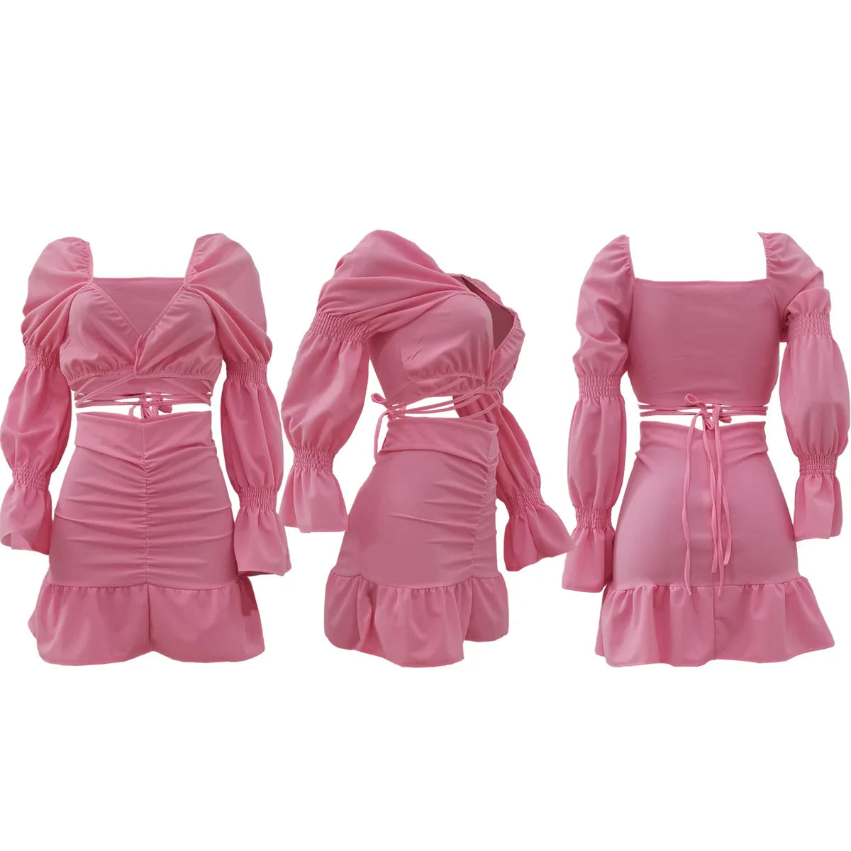 Lantern Sleeve Crop Tops and Ruffles Mermaid Mini Skirts Matching Set