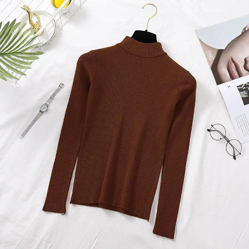 Autumn Women Pullover Sweater Half Turtleneck Knitted Female Jumper Long Sleeve Winter Black Soft Elastic Blouse