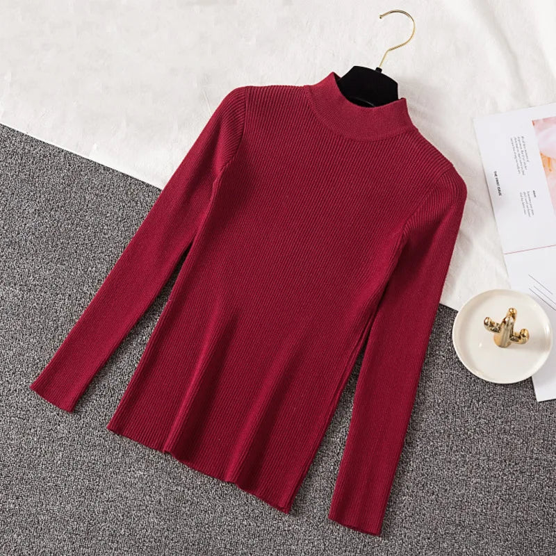 Autumn Women Pullover Sweater Half Turtleneck Knitted Female Jumper Long Sleeve Winter Black Soft Elastic Blouse