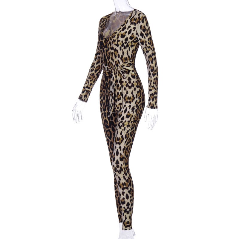 Leopard Print V-neck Long Sleeve Jumpsuits