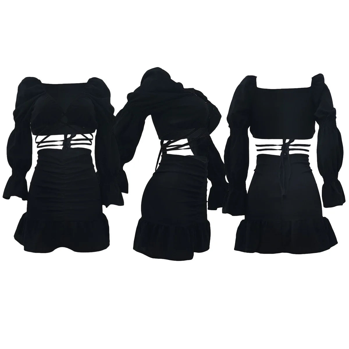 Lantern Sleeve Crop Tops and Ruffles Mermaid Mini Skirts Matching Set