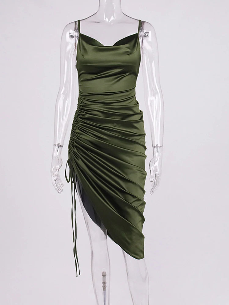 Ruched Satin Drawstring Spaghetti Straps Cowl Neck Backless Long Dress