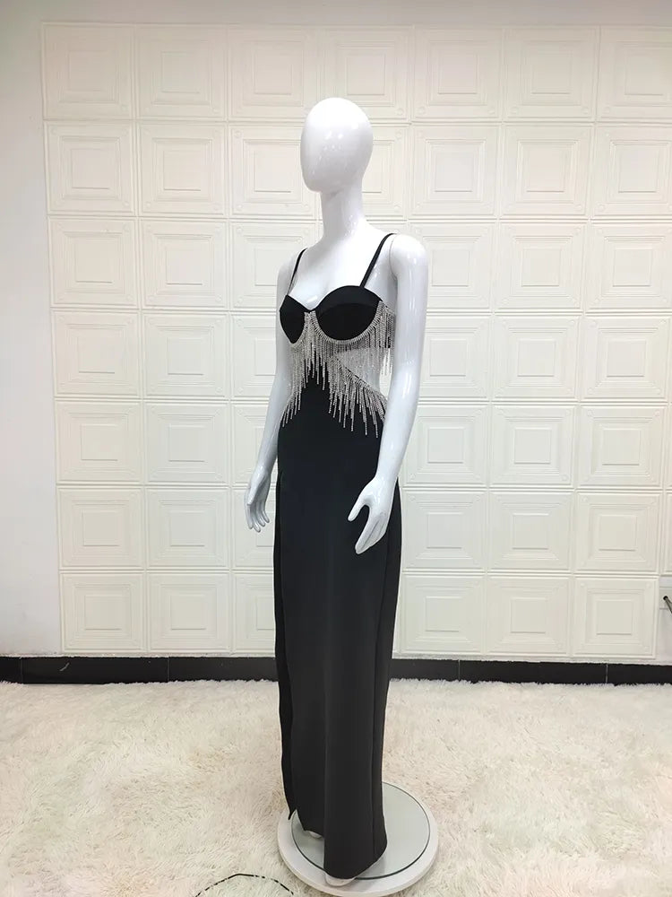 Spaghetti Tassel Diamond Tight Maxi Bodycon Backless High Slit Dress