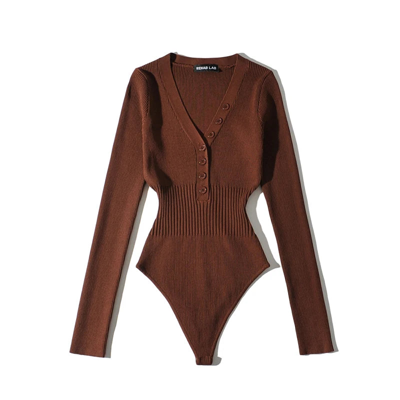 Long Sleeve V-neck Elastic Slim Bodysuit