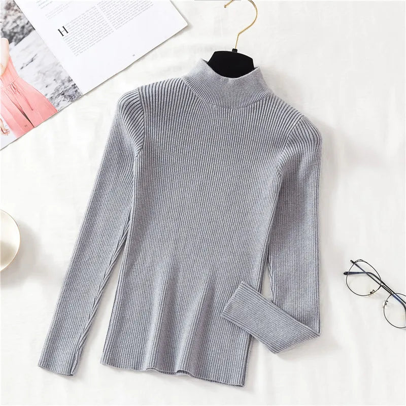 Autumn Women Pullover Sweater Half Turtleneck Knitted Female Jumper Long Sleeve Winter Black Soft Elastic Blouse