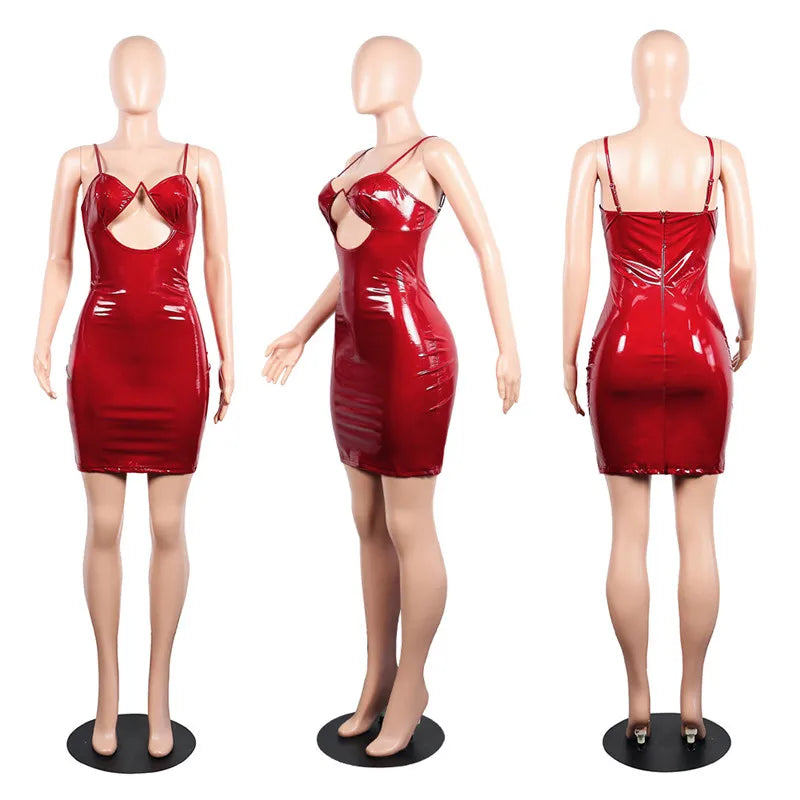 Leather Strapless Wet Look Bodycon Hollow Out Dress