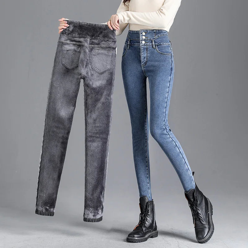 Thermal Winter Thick Fleece High-waist Warm Skinny Jeans  Stretchy Button Pencil Pants