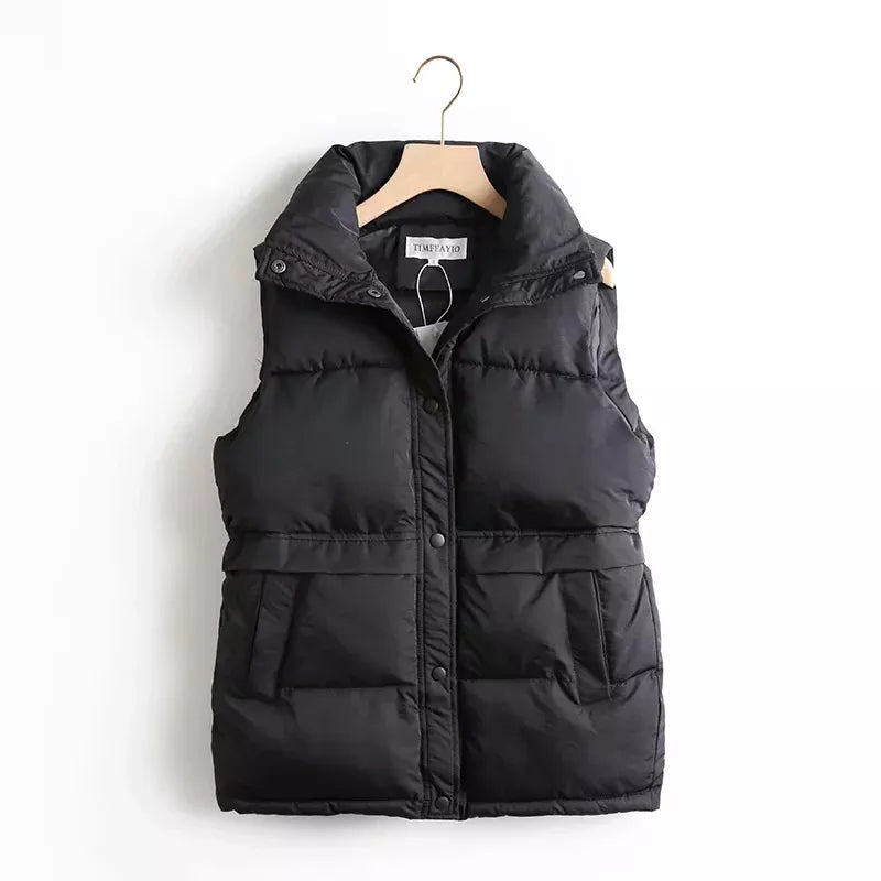 Autumn Winter Solid Loose Vest Drawstring Stand Collar Long Vest Jacket