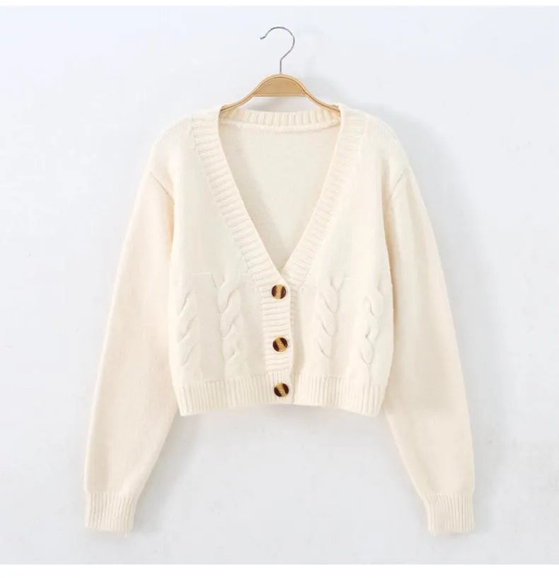 Autumn Winter Short Cardigan Breasted High Waist  Knitted Tops