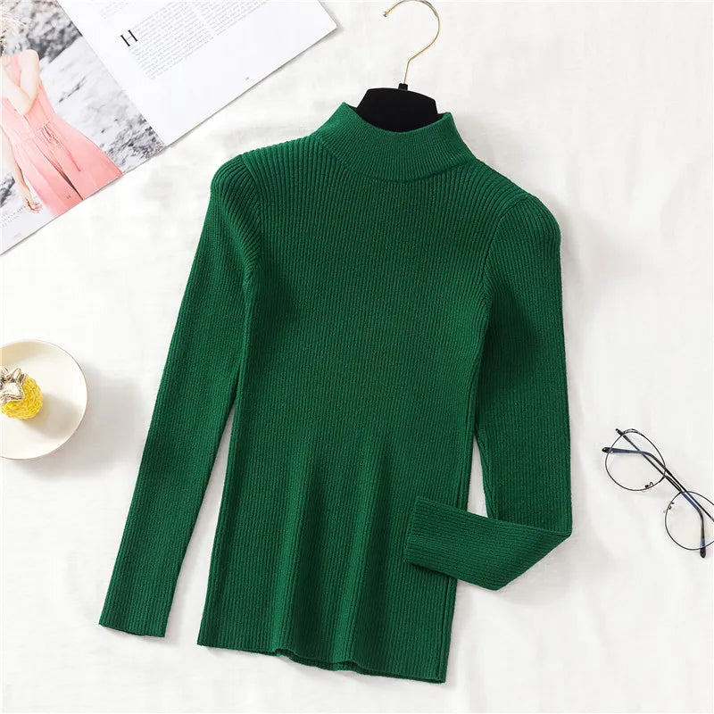 Autumn Women Pullover Sweater Half Turtleneck Knitted Female Jumper Long Sleeve Winter Black Soft Elastic Blouse