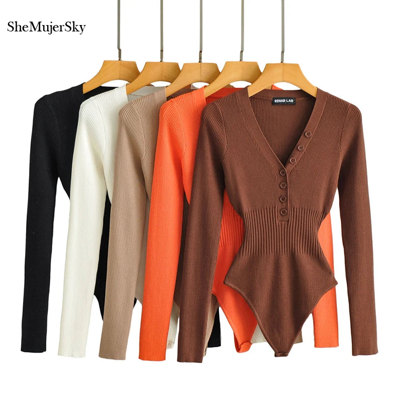 Long Sleeve V-neck Elastic Slim Bodysuit