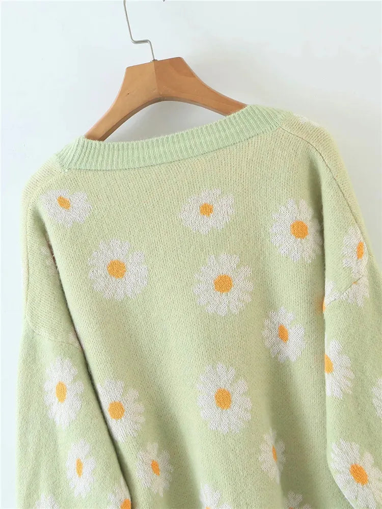 Fashion Print Soft Full Sleeve Floral Single Little Daisy V-Neck Pull Oversize Cardigan