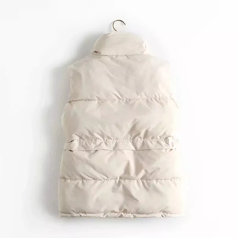 Autumn Winter Solid Loose Vest Drawstring Stand Collar Long Vest Jacket