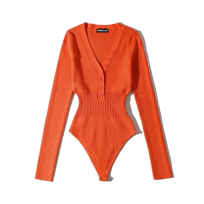 Long Sleeve V-neck Elastic Slim Bodysuit