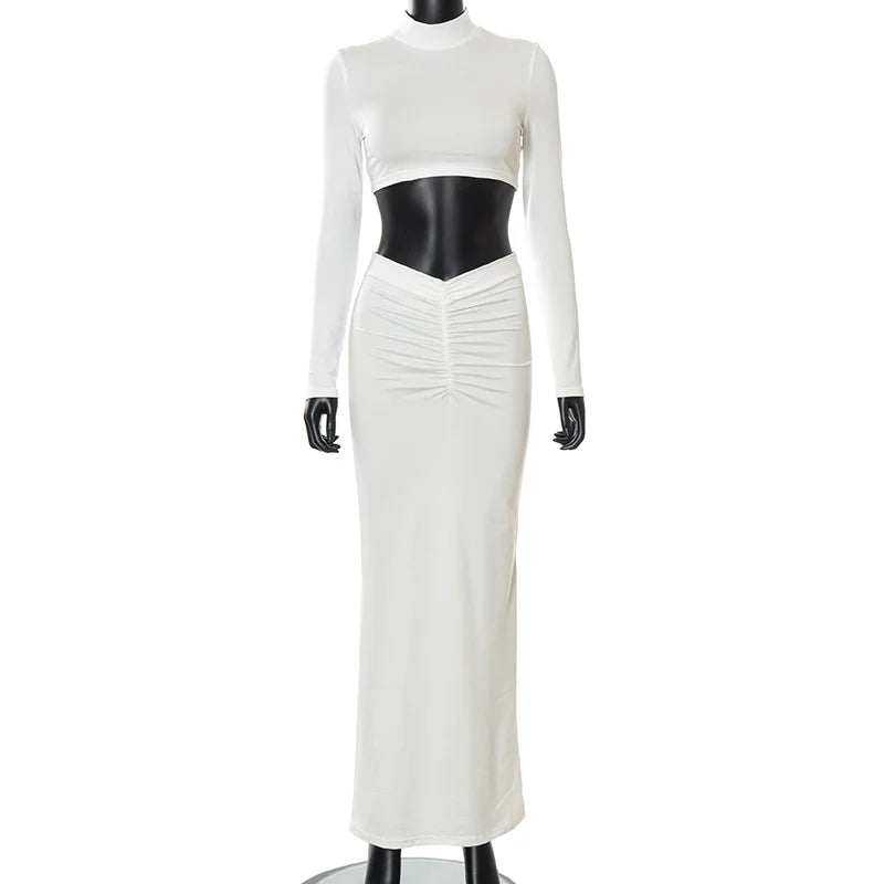Elegant Long Sleeve Ruched Top and Skirts Two Piece Sets