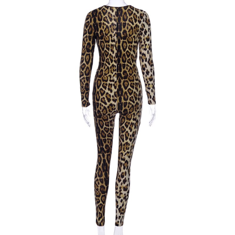 Leopard Print V-neck Long Sleeve Jumpsuits