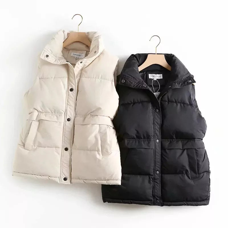 Autumn Winter Solid Loose Vest Drawstring Stand Collar Long Vest Jacket