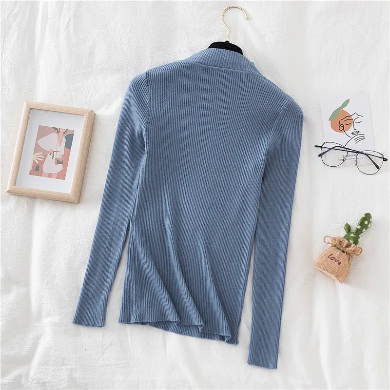 Autumn Women Pullover Sweater Half Turtleneck Knitted Female Jumper Long Sleeve Winter Black Soft Elastic Blouse