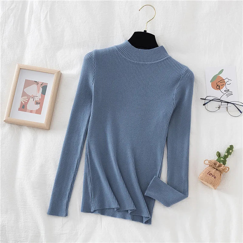 Autumn Women Pullover Sweater Half Turtleneck Knitted Female Jumper Long Sleeve Winter Black Soft Elastic Blouse