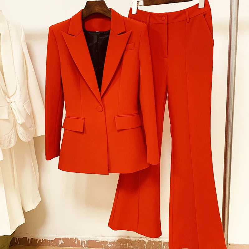 High Street Fashion Runway Designer Suit Set Women's Single Button Blazer Flare Pants Suit