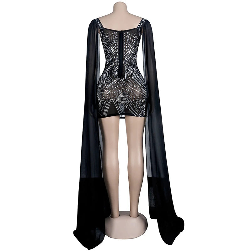 Flare Cape Sleeve Mesh Crystal Sparkle See Through Sequin Bodycon Dress