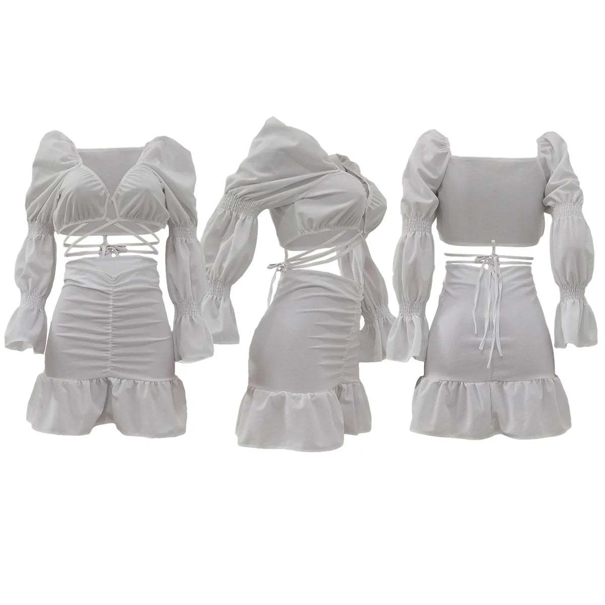Lantern Sleeve Crop Tops and Ruffles Mermaid Mini Skirts Matching Set