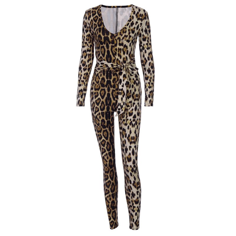 Leopard Print V-neck Long Sleeve Jumpsuits