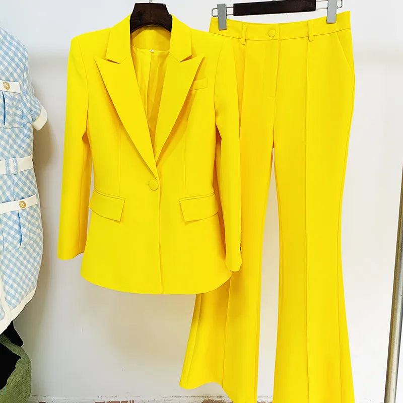 High Street Fashion Runway Designer Suit Set Women's Single Button Blazer Flare Pants Suit