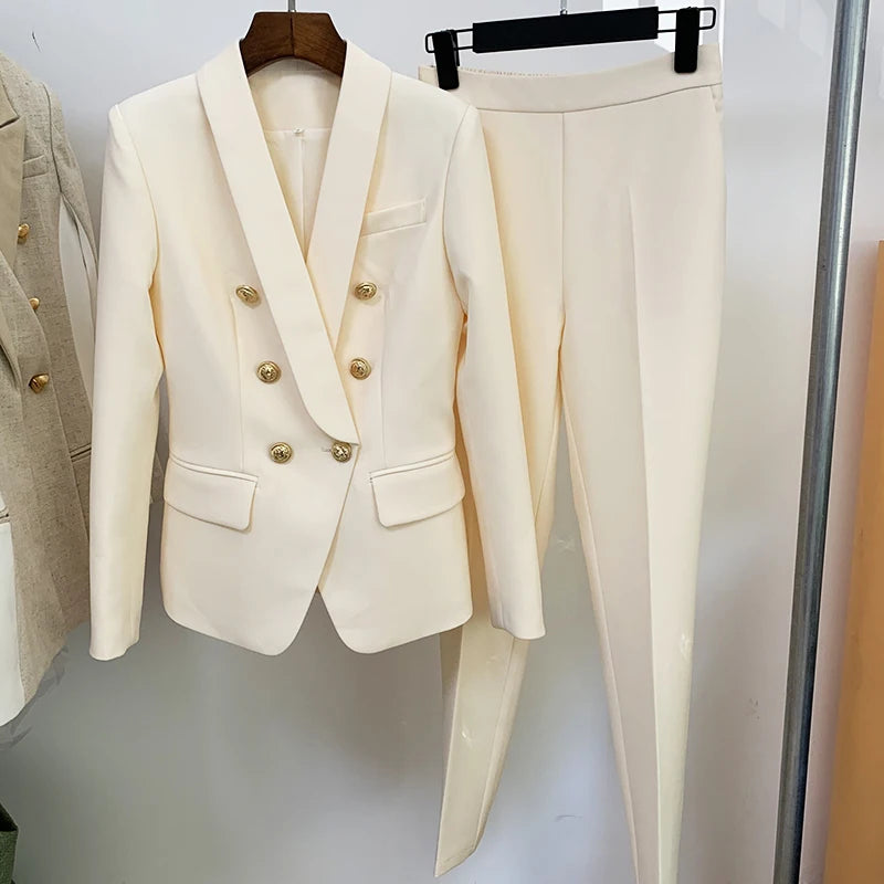 High Fashion Blazer Suit Set Classic Shawl Collar Lion Buttons Double Breasted Blazer Pants Women Suit