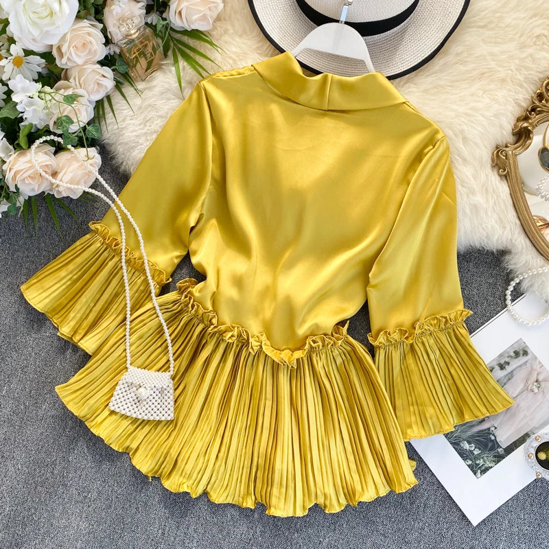 Eegant puff sleeve pleated long sleeve blouse