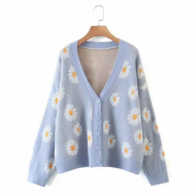 Fashion Print Soft Full Sleeve Floral Single Little Daisy V-Neck Pull Oversize Cardigan