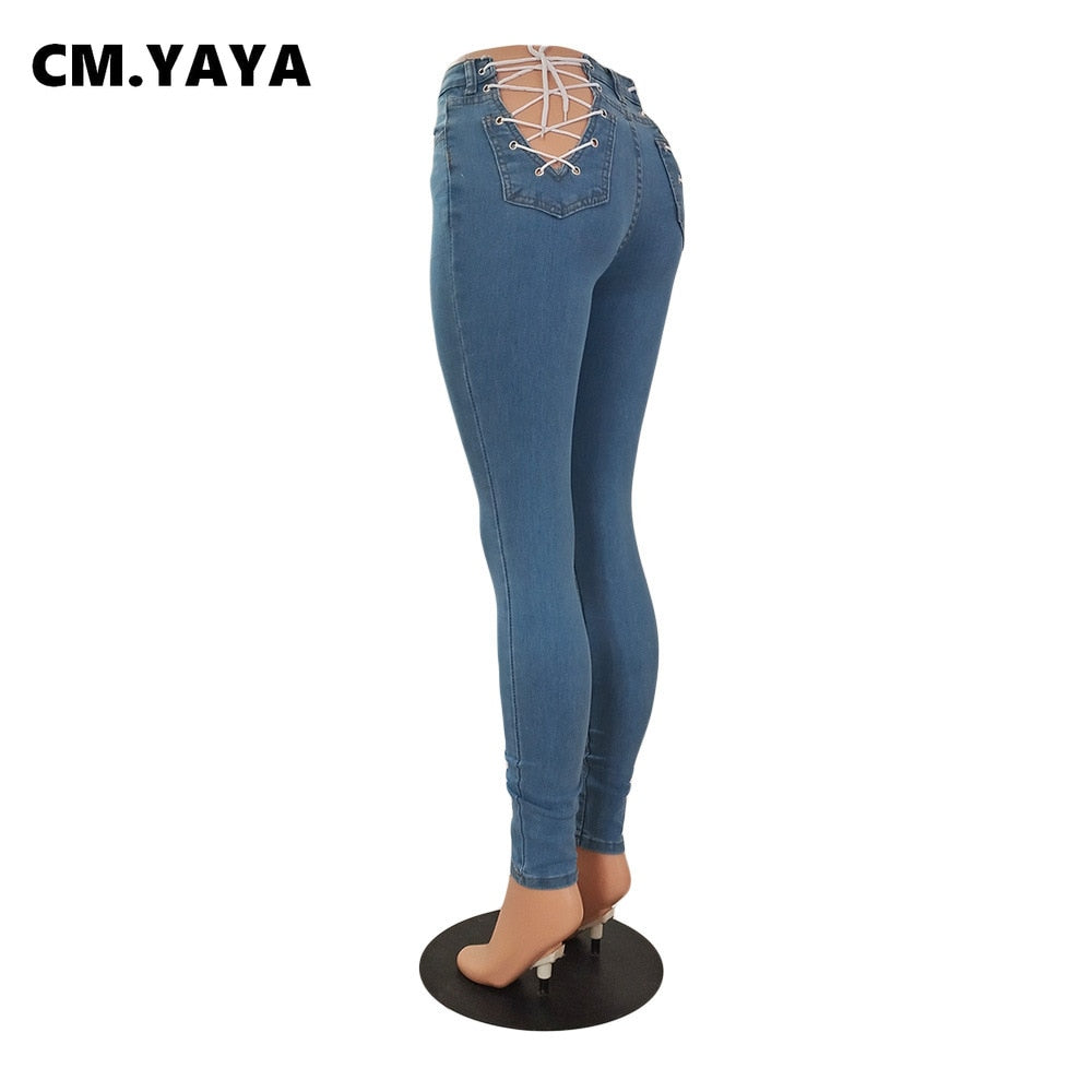 Lace Up  High Waist Skinny Pencil Denim Pants