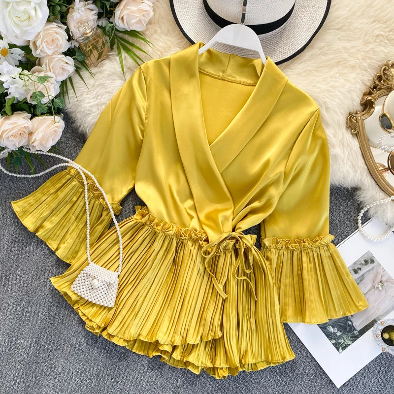 Eegant puff sleeve pleated long sleeve blouse